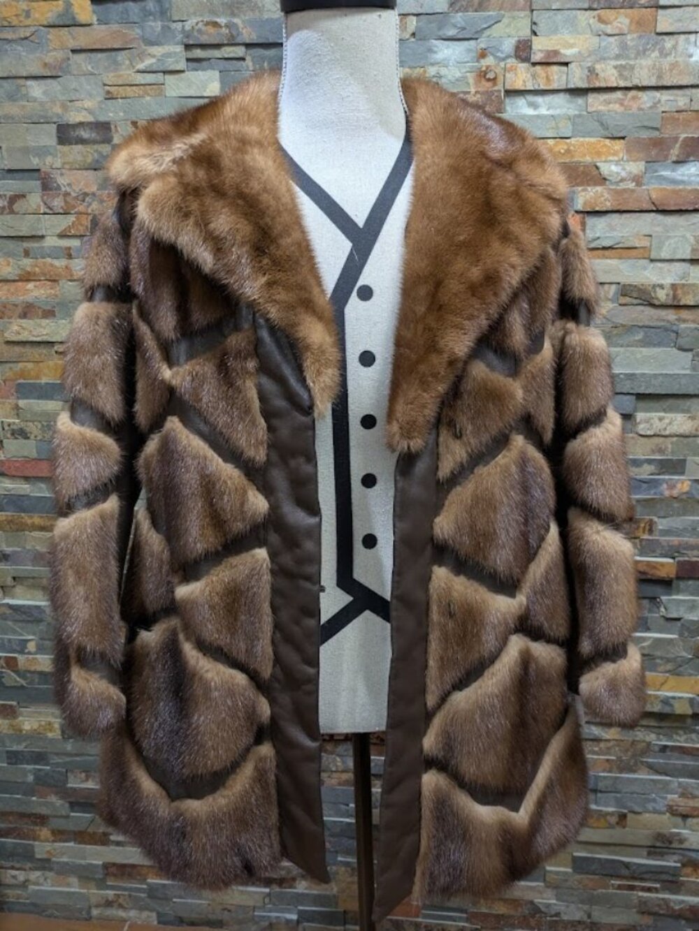 Geometric Pattern Brown Mink and Leather Real Vintage Fur Stroller Coat